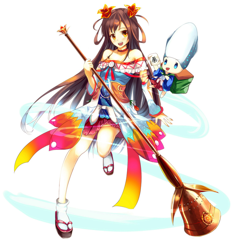 absurdres bell brown_hair detached_sleeves flower hair_flower hair_ornament hair_rings highres long_hair magical_girl mahou_shoujo_taisen mahou_shoujo_taisen_contest_1 orange_hair sakura_ani sandals socks solo white_legwear yellow_eyes