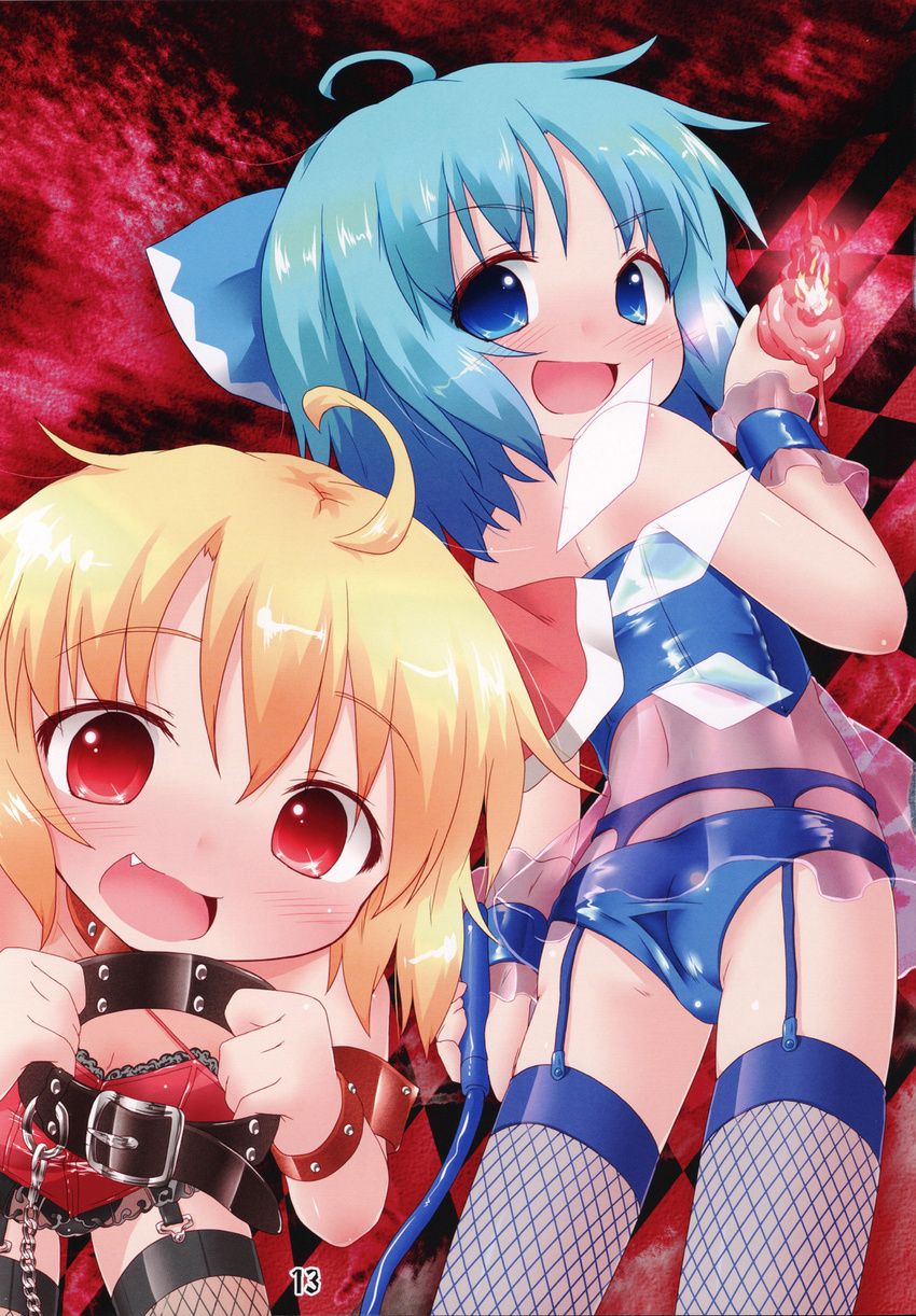 ahoge alternate_costume ass bdsm blonde_hair blue_eyes blue_hair blue_panties blush bondage_outfit bow candle chain cirno collar corset dominatrix fang fire fishnet_legwear fishnets garter_belt hair_bow highres looking_at_viewer multiple_girls natsu_no_koucha non-web_source open_mouth panties red_eyes rumia scan short_hair thighhighs touhou underwear whip wings wrist_cuffs wristband