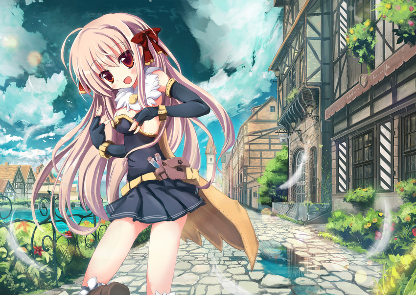 :d alchemist_(ragnarok_online) bad_id bad_pixiv_id blush breasts building cape city cityscape cloud day detached_sleeves feathers fence fingerless_gloves flower gloves hair_ribbon large_breasts long_hair open_mouth path pink_hair puddle ragnarok_online red_eyes ribbon river road sideboob skirt sky smile solo ura_(ur_wave) very_long_hair watch wristwatch