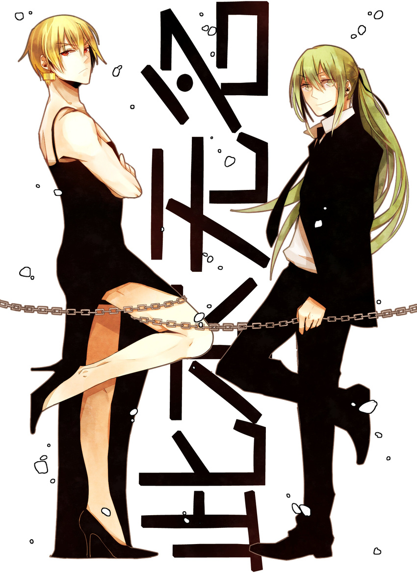 alternate_hairstyle bad_id bad_pixiv_id blonde_hair chain dress earrings enkidu_(fate/strange_fake) enkidu_(weapon) fate/strange_fake fate/zero fate_(series) formal gilgamesh green_eyes green_hair high_heels highres jewelry long_hair male_focus mr._and_mrs._smith multiple_boys parody pcone ponytail poster red_eyes role_reversal shoes suit