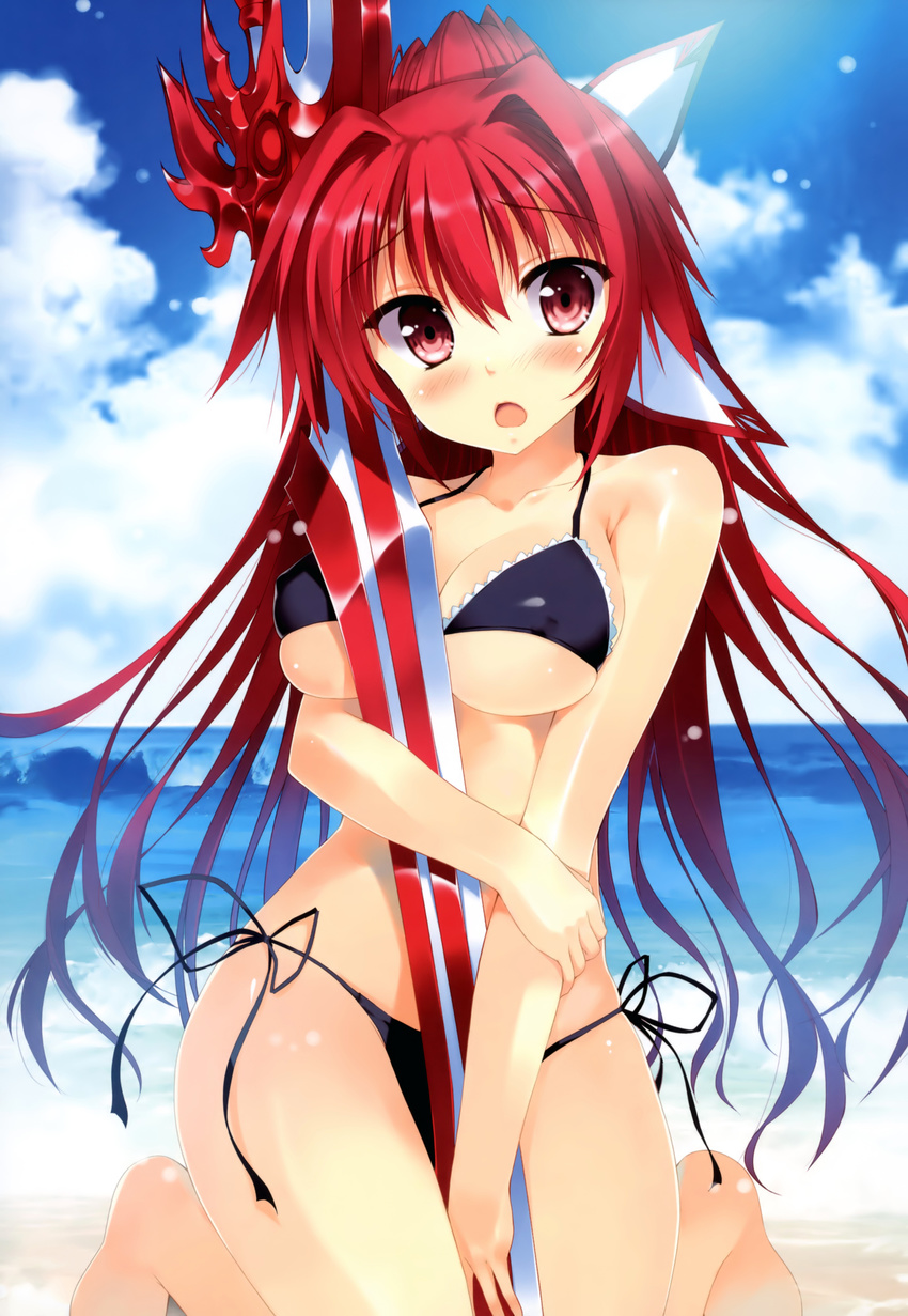 absurdres bare_shoulders beach bikini black_bikini blush breasts cleavage cloud covered_nipples day halterneck highres kneeling koiken_otome large_breasts long_hair object_hug open_mouth outdoors ponytail red_eyes red_hair shiny shiny_skin side-tie_bikini skindentation solo source_request string_bikini swimsuit sword tateha_(marvelous_grace) weapon yasukuni_akane