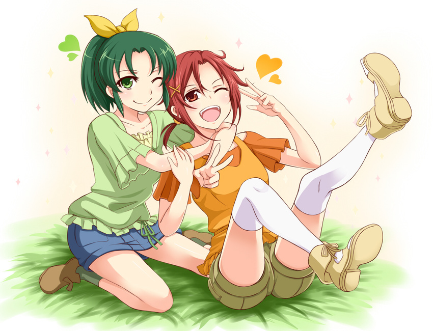 blush green_eyes green_hair green_shirt heart hino_akane_(smile_precure!) hug hug_from_behind legs_up midorikawa_nao multiple_girls one_eye_closed open_mouth precure red_eyes red_hair seven_(11) shirt shorts sitting smile smile_precure! thighhighs v wariza white_legwear