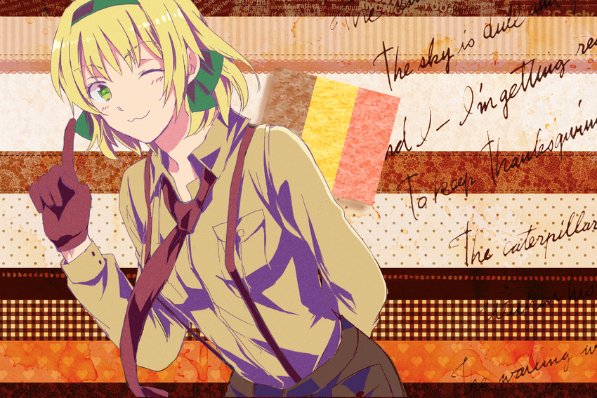 :3 axis_powers_hetalia bad_id bad_pixiv_id belgian_flag belgium_(hetalia) blonde_hair breast_pocket english finger_wagging gloves green_eyes hair_ribbon military_jacket necktie one_eye_closed pocket ribbon sasakama_(sasa-kamaboko) suspenders