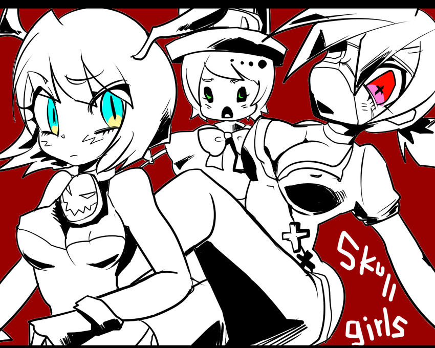 ... 3girls age_difference animal_ears blue_eyes breasts child cleavage copyright_name green_eyes large_breasts letterboxed midriff monochrome ms._fortune_(skullgirls) multiple_girls nadia_fortune nurse open_mouth peacock_(skullgirls) red_eyes sakyouni skullgirls spot_color symbol-shaped_pupils title_drop transparent transparent_background valentine_(skullgirls)