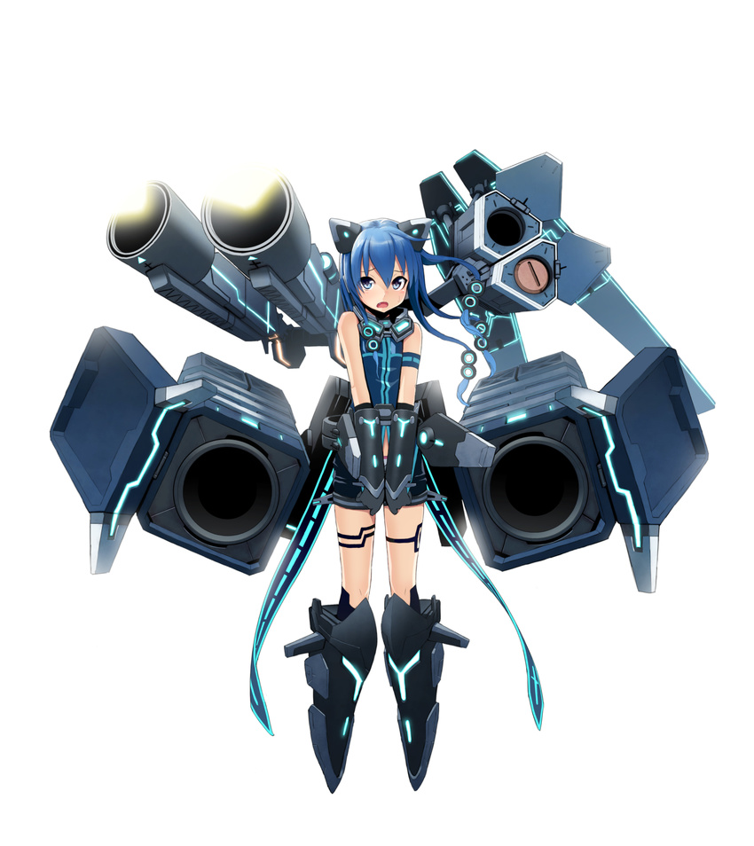 absurdres blue_eyes blue_hair cosmic_break fang gun highres illumis_(cosmic_break) mecha_musume morizo_cs shorts simple_background sleeveless solo sweatdrop weapon white_background