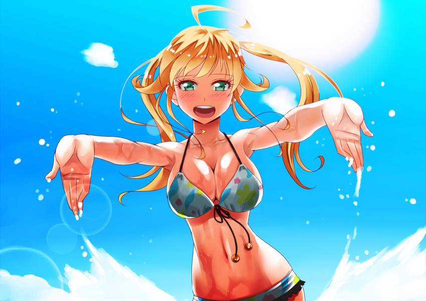 ahoge alternate_hairstyle bikini blonde_hair blush breasts cleavage floral_print front-tie_top green_eyes highres hoshii_miki idolmaster idolmaster_(classic) idolmaster_2 large_breasts lens_flare long_hair looking_at_viewer navel open_mouth outstretched_arms shirihime smile solo swimsuit twintails water wet