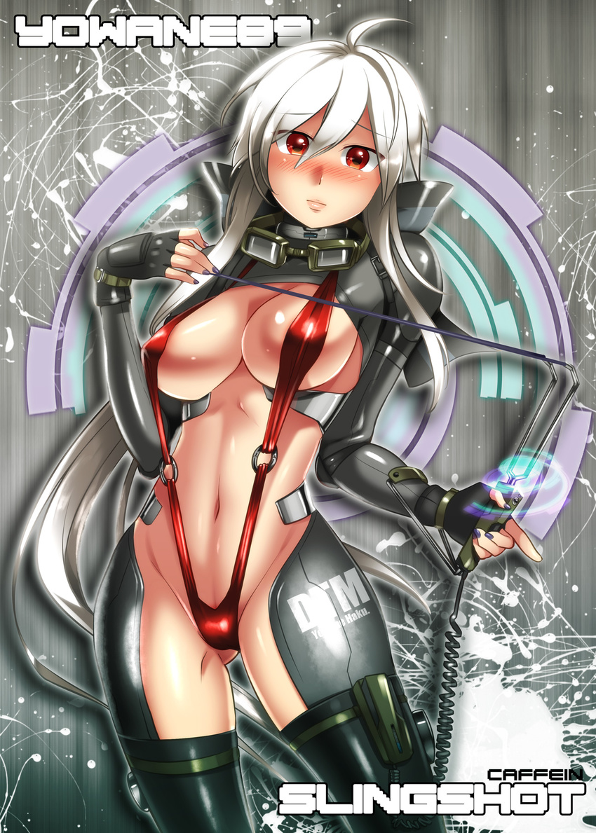 ahoge blush breasts caffein cleavage fingerless_gloves gloves goggles goggles_around_neck grey_hair groin highres huge_breasts long_hair looking_at_viewer nail_polish red_eyes silver_hair slingshot_swimsuit solo swimsuit very_long_hair vocaloid yowane_haku