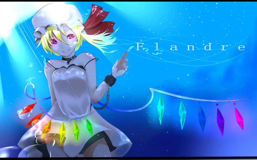 bad_id bad_pixiv_id blonde_hair blue buckle character_name crystal cuffs flandre_scarlet hat highres hitotose_hirune letterboxed purple_eyes slit_pupils solo touhou underwater water wings