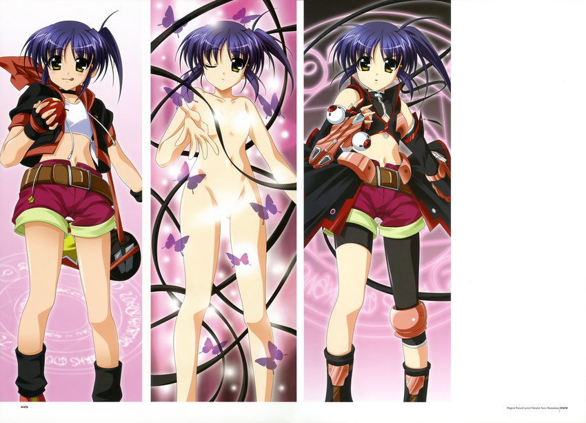 :q ;&lt; ;) absurdres bangs bug butterfly censored collarbone comparison convenient_censoring henshin higa_yukari highres insect isis_eaglet jacket looking_at_viewer lyrical_nanoha mahou_senki_lyrical_nanoha_force midriff navel no_nipples one_eye_closed open_clothes open_jacket parted_bangs perfume_grab purple_hair shorts side_ponytail smile standing stomach tongue tongue_out transformation yellow_eyes