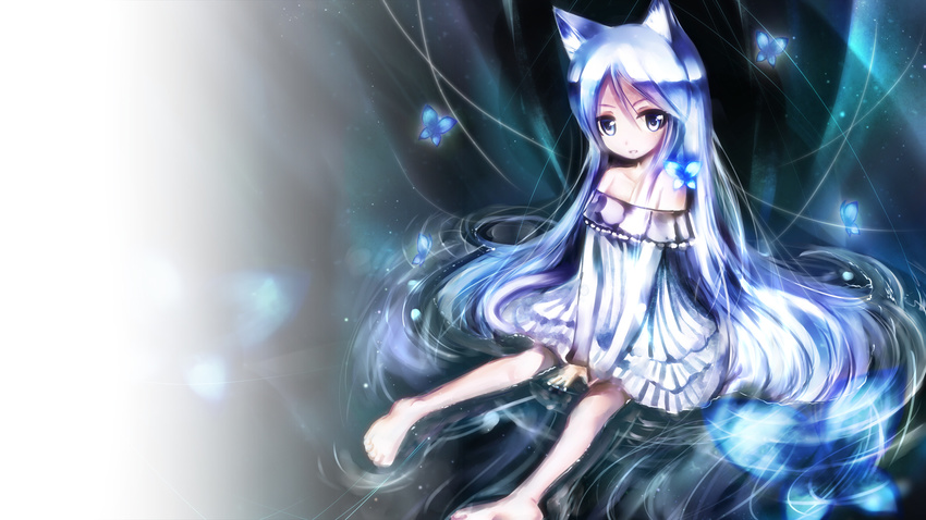 animal_ears barefoot blue_eyes butterfly catgirl dress gray_hair long_hair original shino_(artist) water