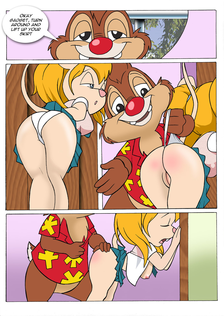 bottomless breasts chip_'n_dale_rescue_rangers chip_'n_dale_rescue_rangers clothed clothing comic dale dale_(cdrr) dialog dialogue disney english_text female gadget_hackwrench half-dressed mammal mouse nipples palcomix pussy rodent school_uniform schoolgirl_uniform text