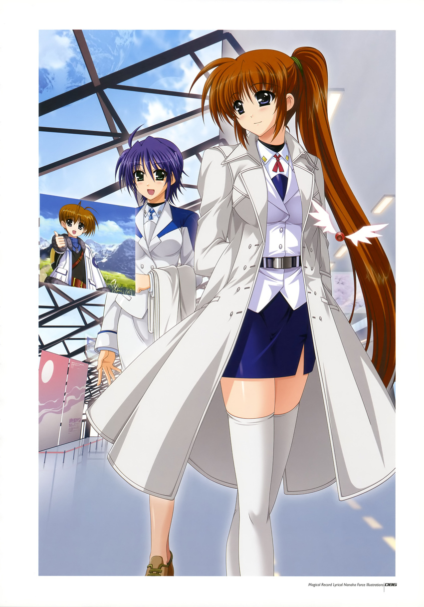 2girls :d absurdres blush brown_hair coat energy_wings green_eyes higa_yukari highres holographic_monitor jacket legs long_hair lyrical_nanoha mahou_senki_lyrical_nanoha_force military military_uniform miniskirt multiple_girls official_art open_clothes open_coat open_mouth pantyhose pencil_skirt planet purple_eyes purple_hair raising_heart red_hair scan sheer_legwear short_hair side_ponytail side_slit skirt smile subaru_nakajima takamachi_nanoha thighhighs thighs thoma_avenir thumbs_up trench_coat tsab_air_military_uniform tsab_rescue_military_uniform uniform very_long_hair white_legwear wings zettai_ryouiki