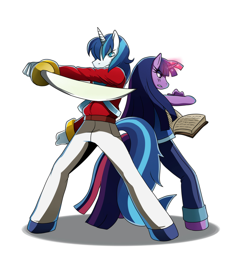 anthro anthrofied blue_eyes blue_hair book brother clothing duo equine female friendship_is_magic hair horn horse male mammal multi-colored_hair my_little_pony plain_background pony purple_eyes purple_hair shining_armor_(mlp) sibling siblings sister sssonic2 sword twilight_sparkle_(mlp) unicorn weapon white_background