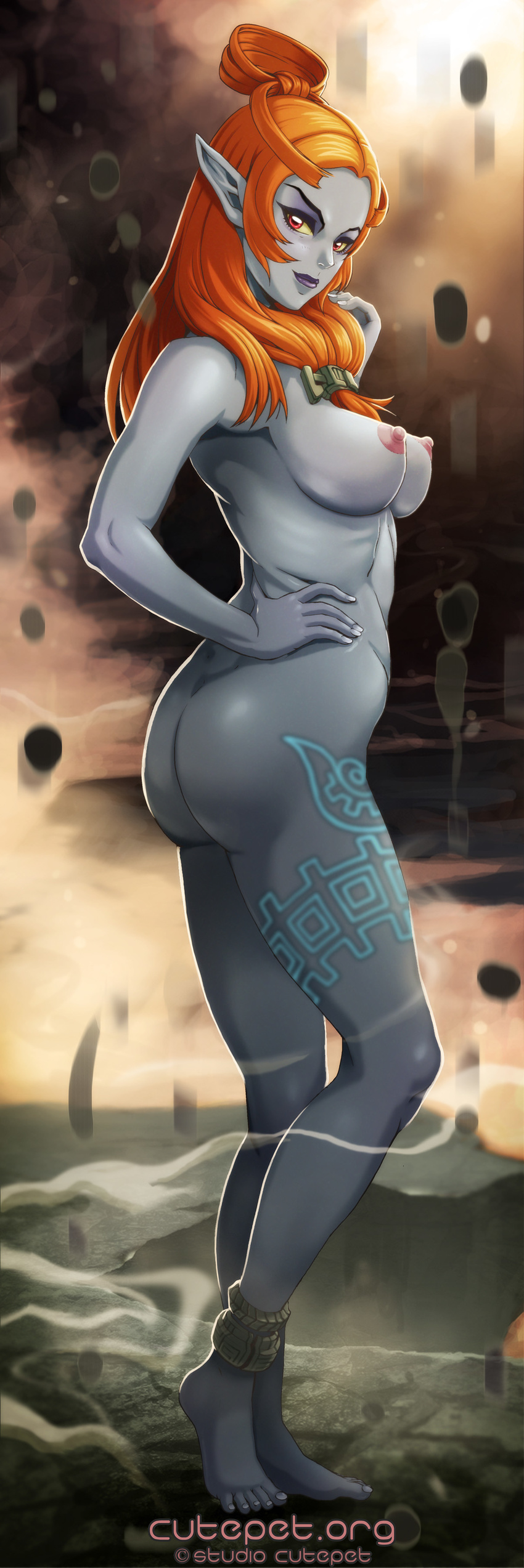 areola big_breasts breasts butt erect_nipples female hair looking_at_viewer midna midna_(human) nipples nude orange_hair outside red_eyes smile studio_cutepet the_legend_of_zelda twilight_princess video_games
