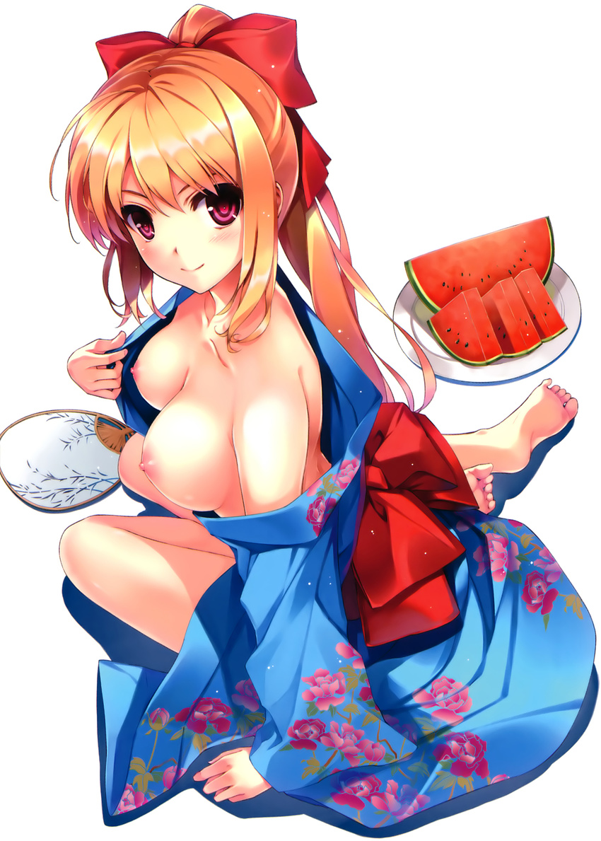 barefoot blonde_hair blush bow breasts character_request comic_aun detexted fan feet floral_print food fruit hair_bow highres japanese_clothes kimono kimono_pull large_breasts long_hair looking_at_viewer misaki_kurehito mizuhara_erika nipples open_clothes paper_fan plate ponytail purple_eyes simple_background sitting smile solo third-party_edit uchiwa watermelon white_background yokozuwari