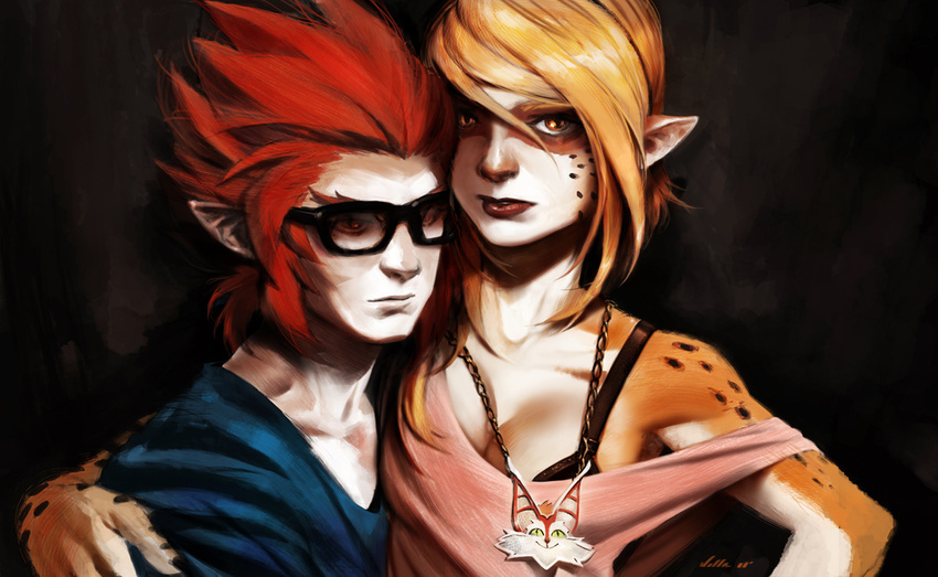 1girl arm_around_shoulder bangs blonde_hair bra_strap breasts carlos_villa cheetara cleavage couple glasses hetero jewelry lion-o lipstick looking_at_viewer makeup medium_breasts necklace pale_skin pendant pointy_ears red_eyes red_hair snarf spiked_hair swept_bangs thundercats yellow_eyes