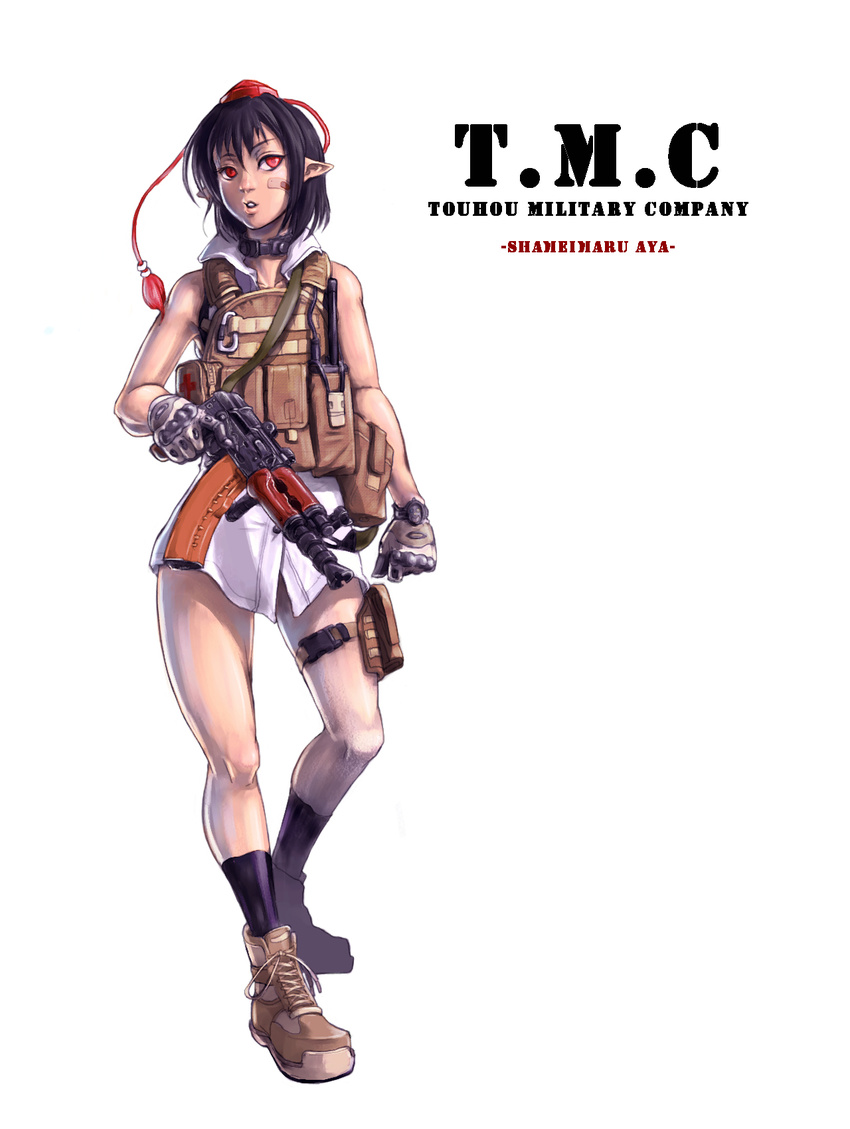 aks-74u alternate_costume assault_rifle bandaid bandaid_on_face black_hair boots cross-laced_footwear fingerless_gloves full_body gloves gun hat highres holding holding_gun holding_weapon looking_at_viewer military military_operator military_uniform pointy_ears ranger_(mll0101) red_eyes rifle shameimaru_aya short_hair simple_background solo standing tokin_hat touhou trigger_discipline uniform weapon white_background