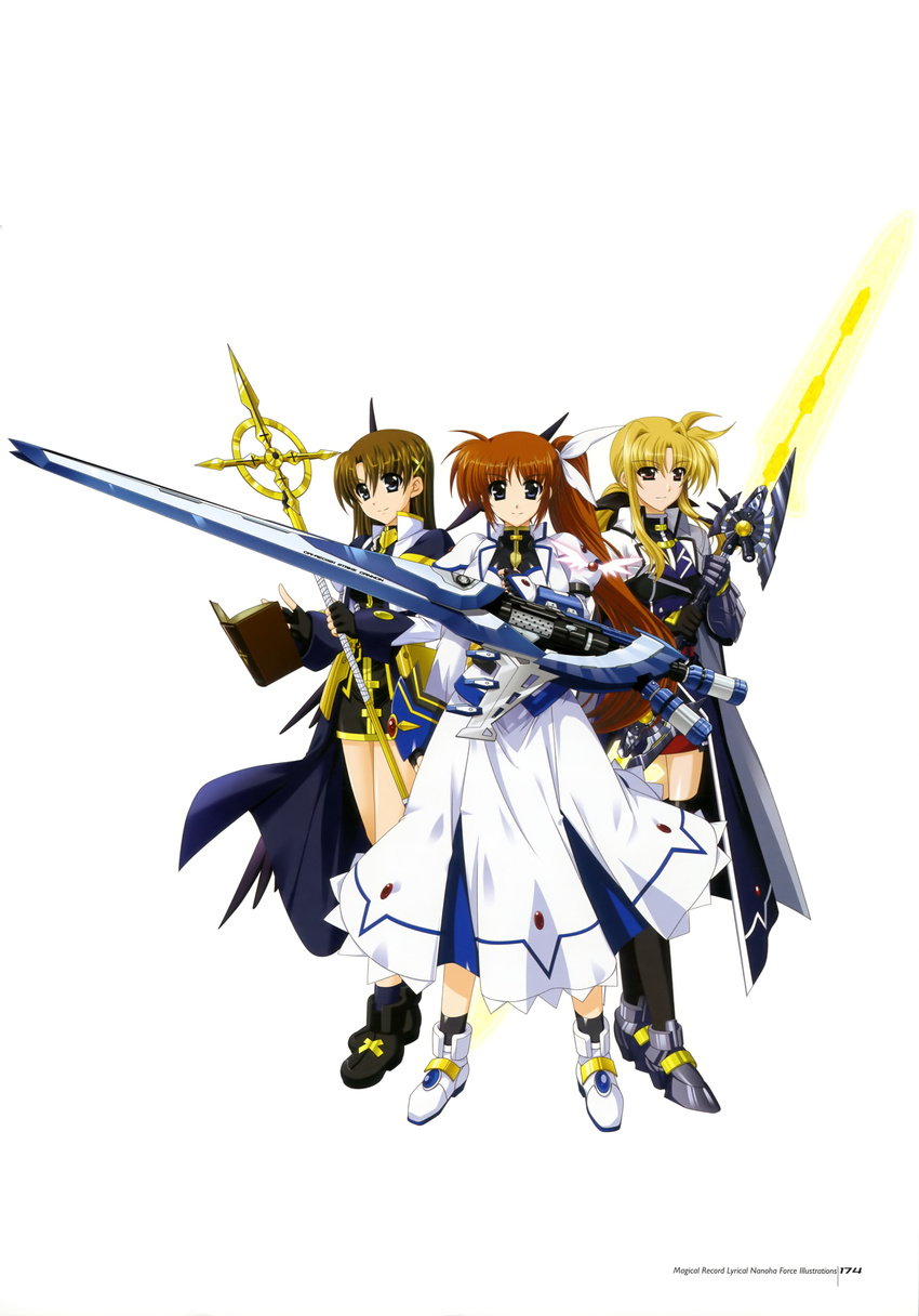 absurdres bardiche fate_testarossa higa_yukari highres long_hair lyrical_nanoha magical_girl mahou_senki_lyrical_nanoha_force multiple_girls ponytail raising_heart schwertkreuz side_ponytail staff takamachi_nanoha thighhighs tome_of_the_night_sky weapon yagami_hayate