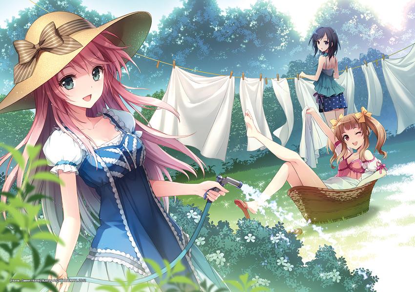 :d ;d an2a aqua_eyes artist_name bangs barefoot bed_sheet black_hair blonde_hair blush clothesline collarbone cover cover_page dress dutch_angle flower hat hose laundry leg_up long_hair looking_at_viewer looking_back multiple_girls off_shoulder one_eye_closed open_mouth original outdoors pink_eyes pink_hair puffy_sleeves sandals shoes short_hair short_sleeves single_shoe sitting smile standing sun_hat twintails water