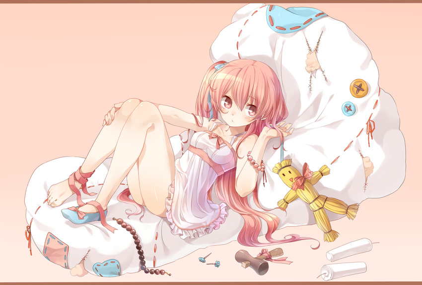 ankle_ribbon bare_shoulders barefoot beads blush bracelet candle dress feet hair_ribbon hammer highres jewelry legs letterboxed long_hair lying mallet momobako one_side_up original personification pillow pink_hair red_eyes ribbon rojiko shoes single_shoe sitting solo sundress waraningyou