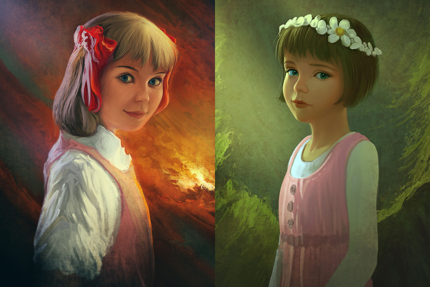 blonde_hair blouse blue_eyes bob_cut body_stocking brown_hair coronet dress flower_petals frown gradient gradient_background green_eyes hair_bows hair_ribbons long_hair peter_pan_and_the_pirates peter_pan_no_bouken rhads ribbons safe short_hair smile twintails wendy_darling