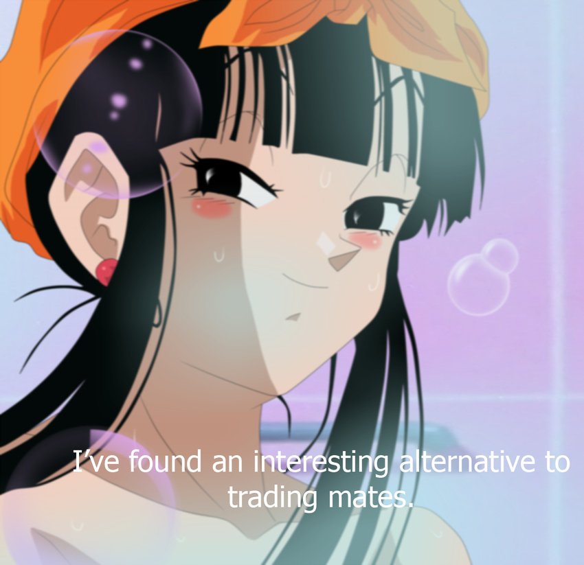 black_eyes blush bubble bubbles chi-chi_(dragon_ball) chichi dragon_ball highres hime_cut photoshop steam subtitled subtitles