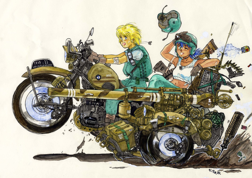 akimoto_kouji antennae axe bandages bandaid blonde_hair blue_hair bmw bullet canteen dog_tags driving exhaust explosive goggles grenade ground_vehicle gun hammer helmet highres honda jar knife motor_vehicle motorcycle multiple_girls original rifle tank_top traditional_media weapon wheelie