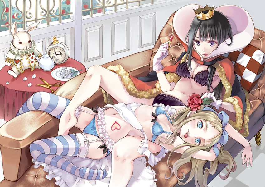 alice_(wonderland) alice_in_wonderland black_hair blonde_hair blue_eyes blue_panties bow bra breasts checkered cleavage clock couch flower garter_belt gloves hair_bow hair_flower hair_ornament heart lipstick lying makeup matsuzaki_miyuki medium_breasts multiple_girls navel on_back panties pillow plate purple_eyes queen_of_hearts rose scissors short_hair small_breasts striped striped_legwear stuffed_animal stuffed_bunny stuffed_toy table teapot thighhighs underwear underwear_only white_flower white_gloves white_rabbit white_rose