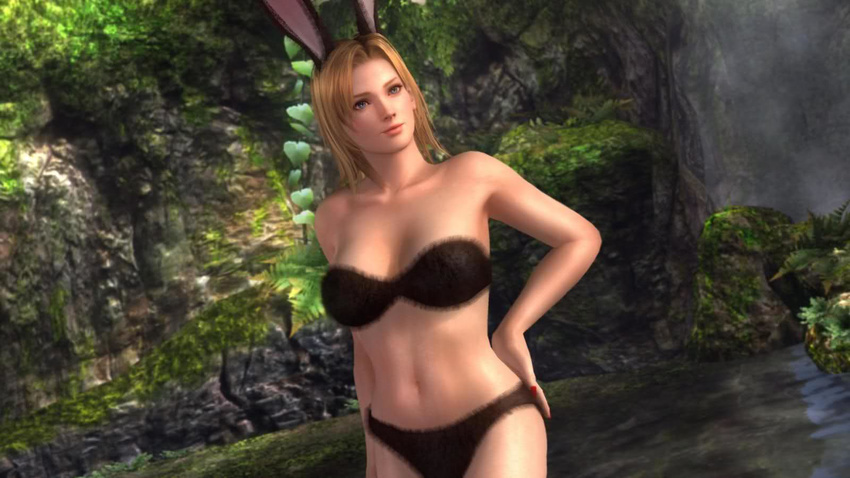1girl abs animal_ears bikini blonde_hair blue_eyes breasts bunny_ears dead_or_alive dead_or_alive_5 fur highres large_breasts nature official_art pose solo swimsuit tecmo tina_armstrong water waterfall