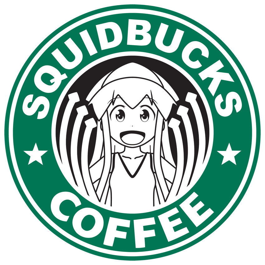 1girl coffee hat highres ikamusume logo long_hair open_mouth parody photoshop rotenburk shinryaku!_ikamusume smile solo squid squid_girl star starbucks tentacle tentacle_hair