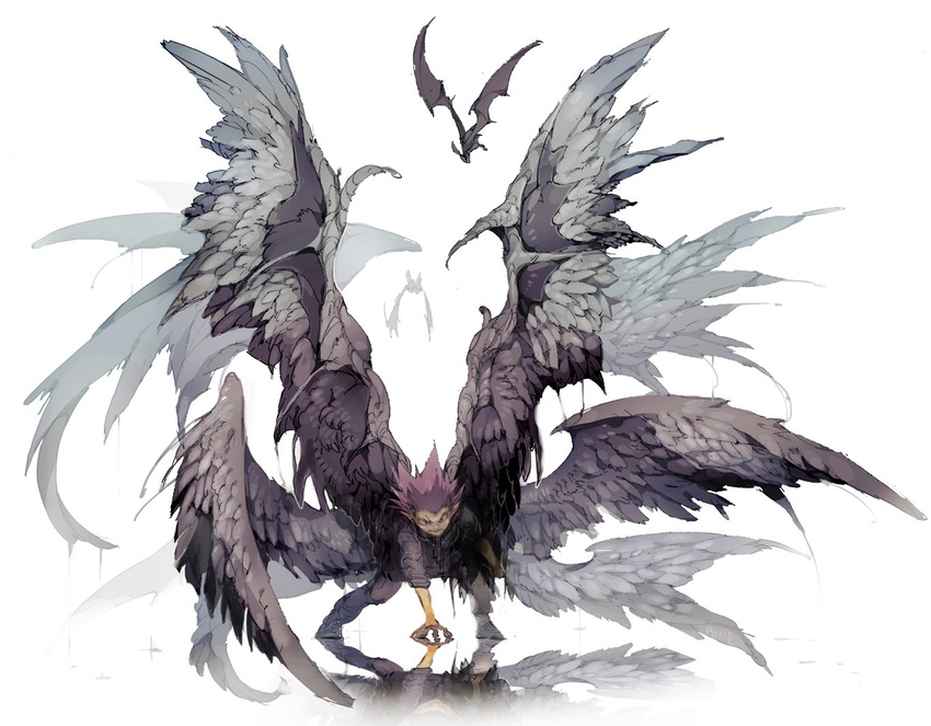 bad_id bad_pixiv_id bat demizu_posuka demon_boy demon_wings feathered_wings large_wings male_focus multiple_wings original reflection seraph solo spiked_hair white_background wings