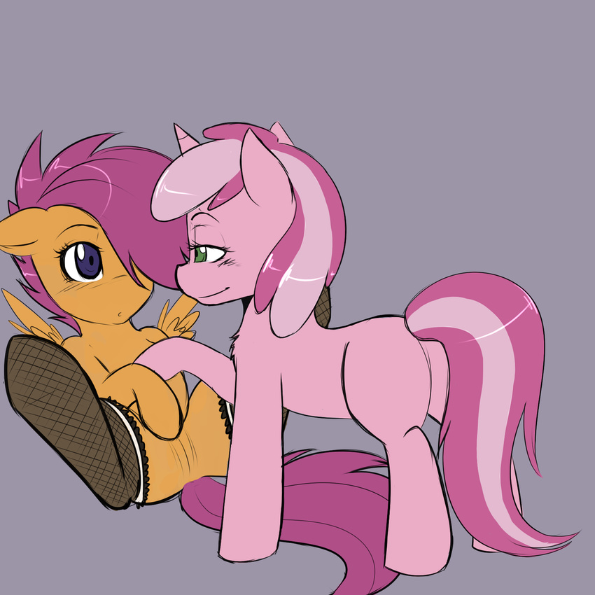 cub equine female feral friendship_is_magic hi_res horn legwear lesbian mammal my_little_pony pegasus pussy ruby_pinch_(mlp) scootaloo_(mlp) smile spittslittlecorner stockings unicorn wings young