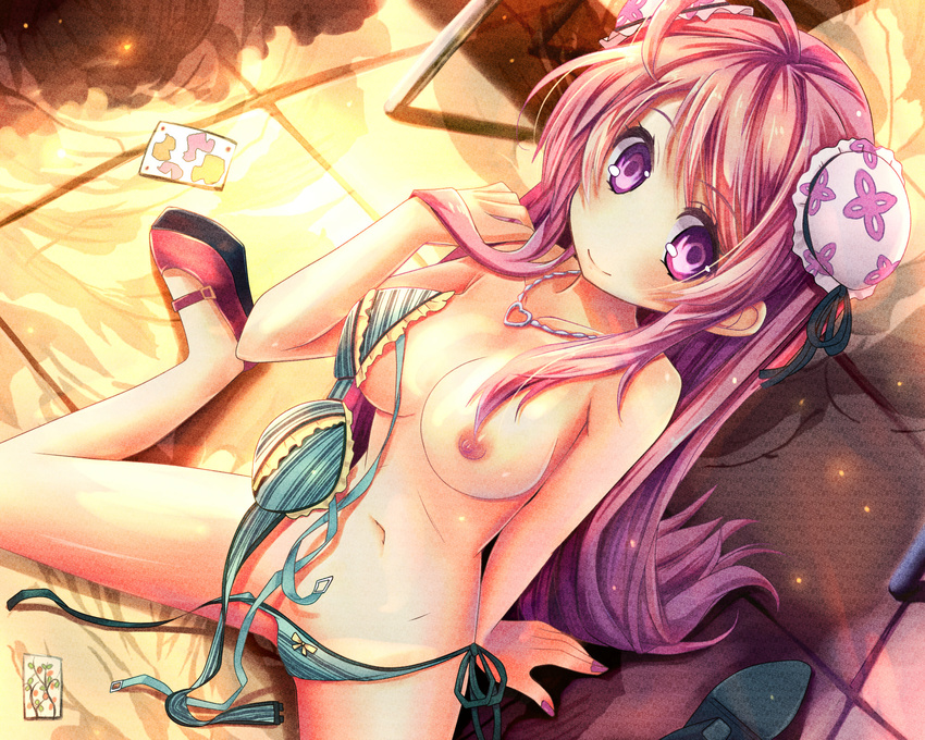 ahoge bikini bikini_top_removed breasts collarbone double_bun heart heart_necklace highres hoshi_no_gen looking_at_viewer medium_breasts nipples no_nose original pink_hair purple_eyes side-tie_bikini sitting smile solo striped striped_bikini swimsuit wariza