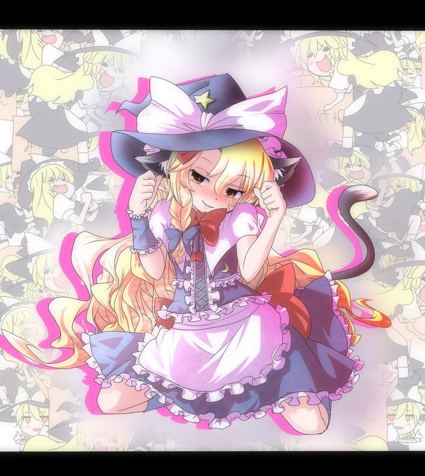 animal_ears apron blonde_hair blush bow cat_ears cat_tail crescent frills hat hat_bow highres kemonomimi_mode kirisame_marisa kneeling long_hair ramutaizumu short_sleeves smile solo star tail touhou very_long_hair witch_hat wrist_cuffs yellow_eyes