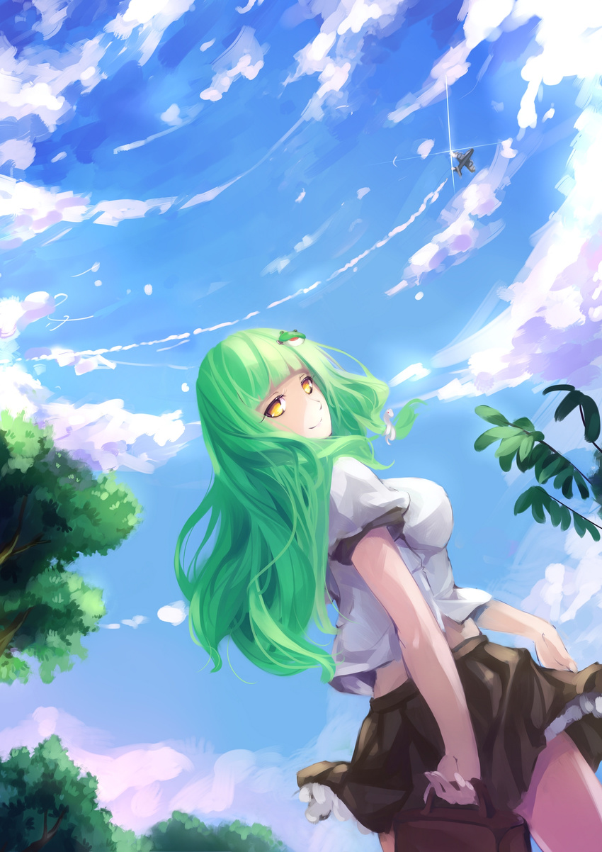 absurdres aircraft airplane alternate_costume bag cloud contemporary day frog_hair_ornament green_hair hair_ornament highres kalalasan kochiya_sanae long_hair puffy_sleeves short_sleeves sky smile solo touhou tree yellow_eyes