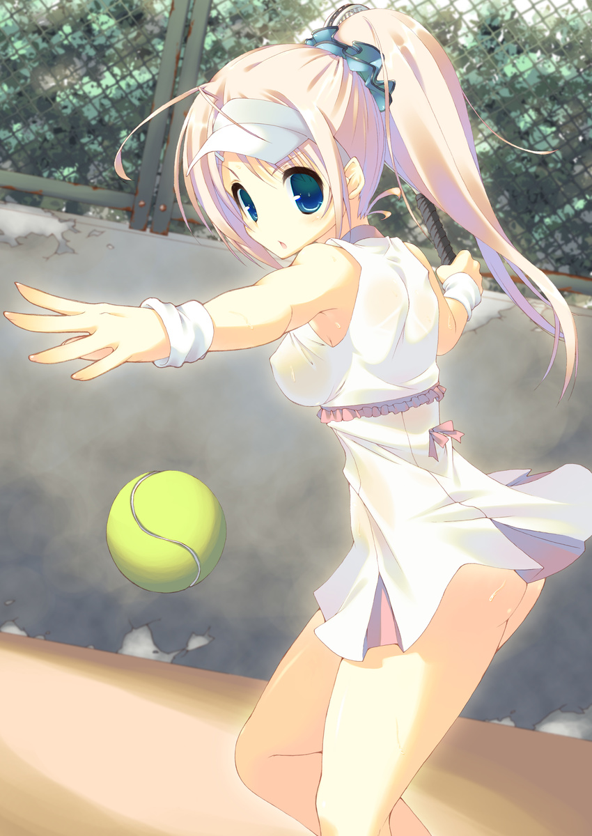 absurdres ball blue_eyes breasts highres holding long_hair medium_breasts mutsuno_hekisa no_bra no_panties original outstretched_arm pink_hair ponytail racket solo sportswear sweatband tennis tennis_ball tennis_racket tennis_uniform visor_cap