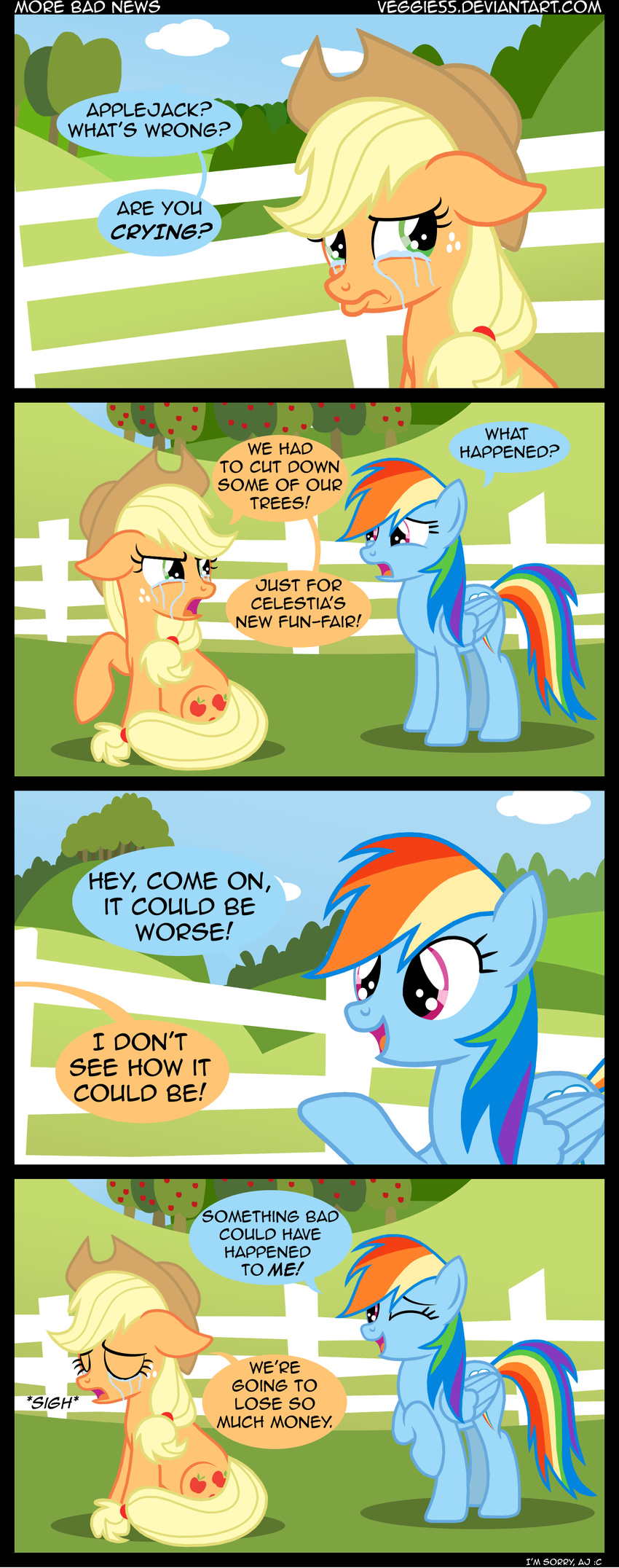 applejack_(mlp) blonde_hair comic cowboy_hat crying dialog dialogue english_text equine female fence feral freckles friendship_is_magic fruit green_eyes hair hat horse mammal multi-colored_hair my_little_pony outside pegasus pony purple_eyes rainbow_dash_(mlp) rainbow_hair sitting tears text tree veggie55 wings wood