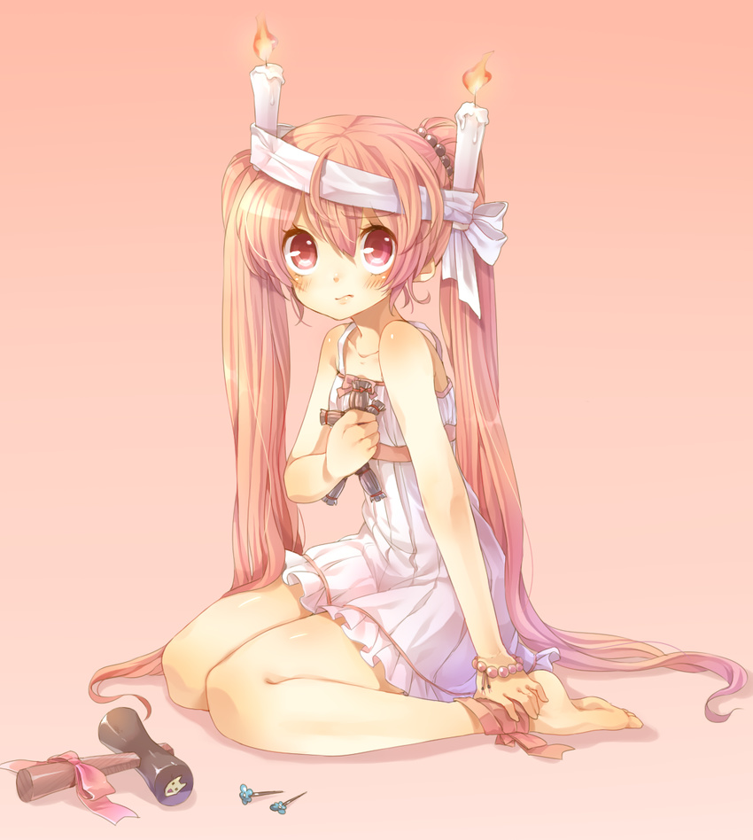 ankle_ribbon bare_shoulders barefoot blush bow candle collarbone dress feet full_body gradient gradient_background hammer hands_on_feet hashihime highres holding long_hair looking_at_viewer mallet momobako original personification red_eyes red_hair ribbon rojiko simple_background sitting solo sundress twintails very_long_hair waraningyou wariza