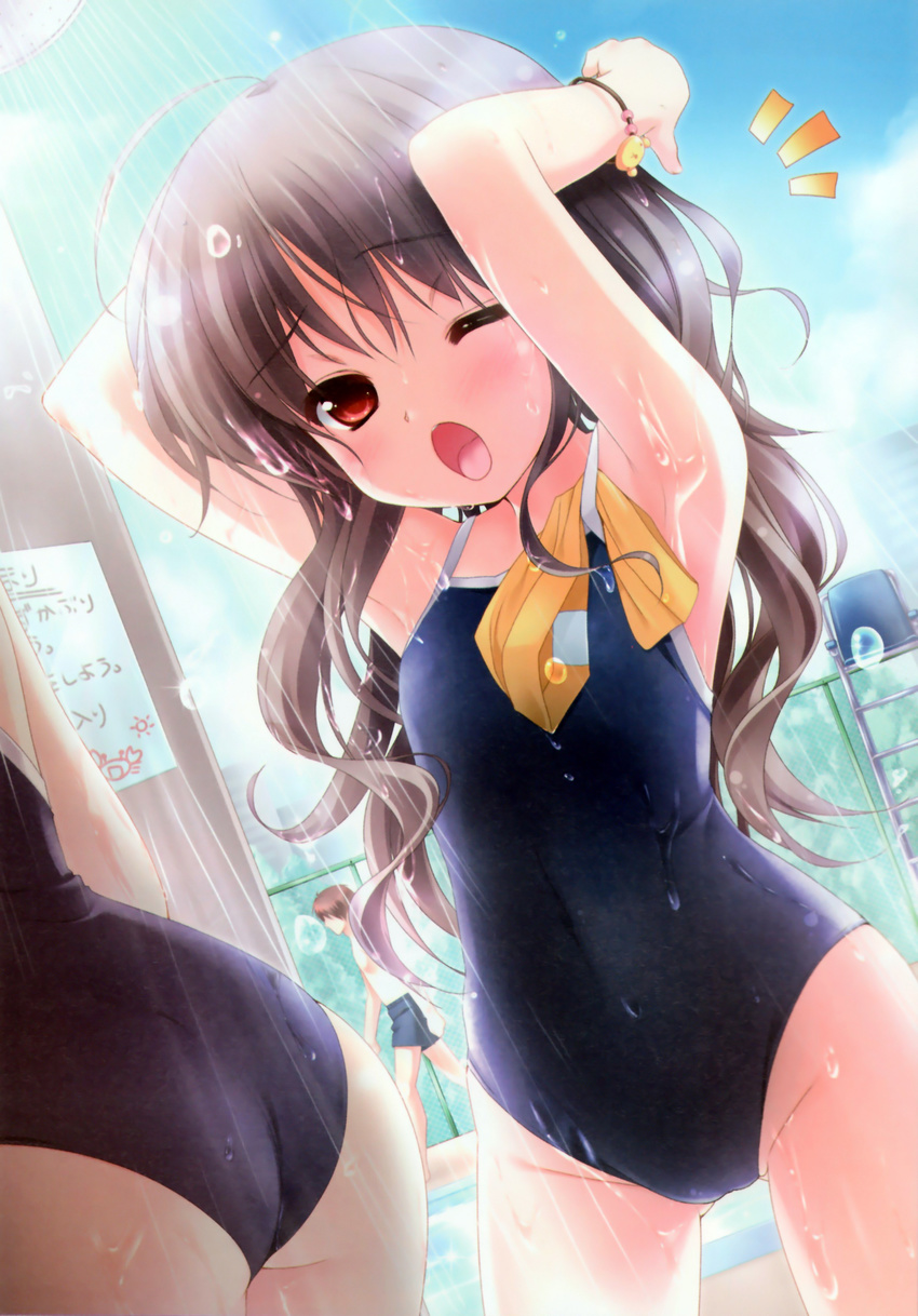 2girls ;o absurdres ahoge armpits arms_up ass bare_shoulders brown_eyes brown_hair cameltoe chain-link_fence covered_navel dengeki_moeou dutch_angle fence flat_chest highres lifeguard_chair long_hair multiple_girls one-piece_swimsuit one_eye_closed open_mouth pool sasai_saji scan school_swimsuit showering swimsuit water wet wince wristband