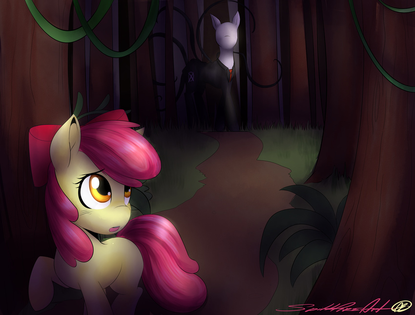 applebloom_(mlp) cub equine female feral forest friendship_is_magic horse mammal my_little_pony no_face ponification pony running slenderman slendermane spittfire spittslittlecorner suit tentacles tree wood young