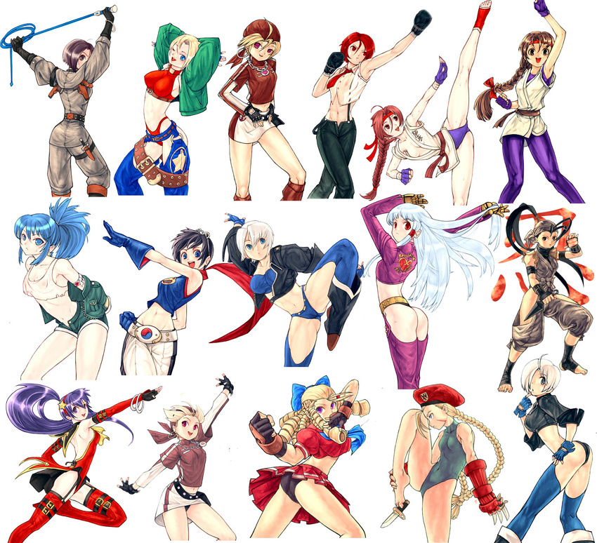 angel_(kof) arms_behind_back artist_request asamiya_athena ass bandana barefoot belt beret between_toes black_hair blonde_hair blue_eyes blue_hair blue_mary boots bow braid brown_eyes brown_hair cammy_white capcom chaps crossover dougi drill_hair earrings everyone fatal_fury feet fingerless_gloves foot_hold garter_straps gloves green_leotard hair_bow hair_ribbon hairband hat headband highleg highleg_leotard highleg_panties highres hip_vent holding_own_foot ibuki_(street_fighter) jacket jewelry kanzuki_karin kicking knife kula_diamond leona_heidern leotard long_hair loose_belt malin may_lee midriff multiple_girls navel necklace necktie ninja open_clothes open_shorts panties pants pantyshot pantyshot_(standing) pencil_skirt ponytail pose prehensile_toes punching purple_eyes purple_hair red_hair red_hairband ribbon ryuuko_no_ken sash scarf see-through short_hair shorts single_braid skin_tight skirt snk spandex sports_bra standing street_fighter the_king_of_fighters thigh_strap thighhighs thong toeless_legwear toes twin_braids twisted_torso underwear vanessa_(king_of_fighters) very_long_hair whip whip_(kof) white_hair yuri_sakazaki