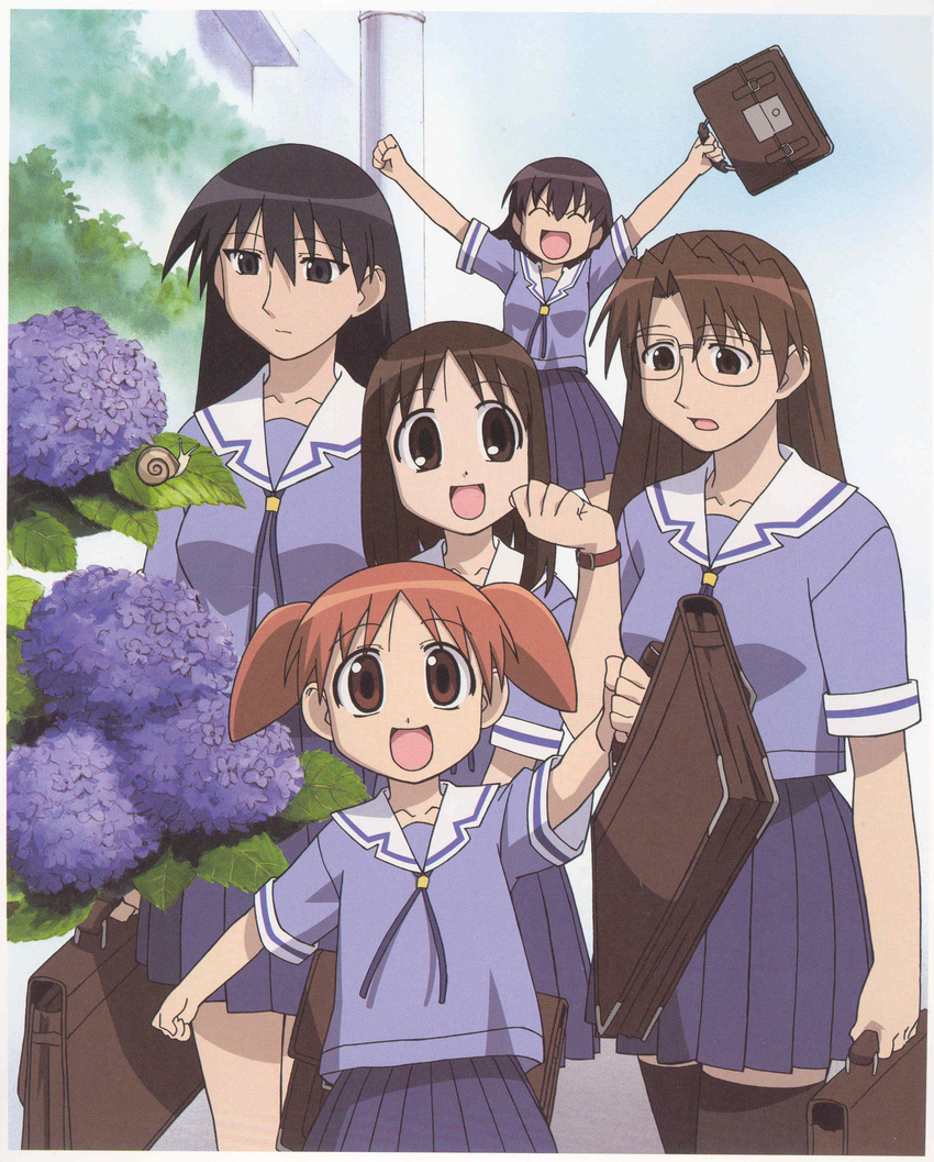 absurdres artist_request azumanga_daiou flower highres hydrangea kasuga_ayumu mihama_chiyo mizuhara_koyomi multiple_girls official_art sakaki scan school_uniform short_twintails snail takino_tomo thighhighs twintails