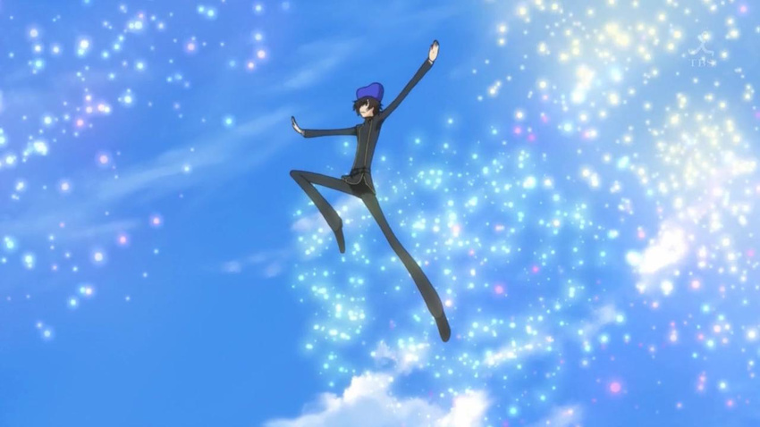 aerial_fireworks androgynous code_geass cosplay crossdressing fireworks hat jumping lelouch_lamperouge lelouch_lamperouge_(cosplay) lulucopter parody reverse_trap school_uniform screencap shinozaki_sayoko sky solo