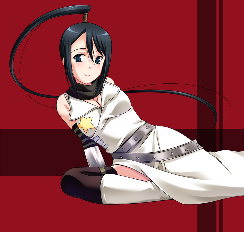 black_hair blue_eyes breasts cleavage highres long_hair medium_breasts nakatsukasa_tsubaki natsukon ponytail solo soul_eater thighhighs