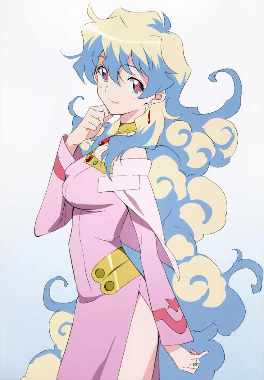 absurdres blonde_hair blue_eyes blue_hair curly_hair dress earrings highres jewelry long_hair multicolored_hair necklace nia_teppelin nishigori_atsushi official_art ring scan side_slit smile symbol-shaped_pupils tengen_toppa_gurren_lagann very_long_hair