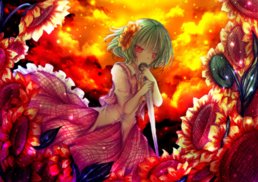 ascot bad_id bad_pixiv_id closed_umbrella flower green_hair kasuga_sunao kazami_yuuka parasol plaid plaid_skirt plaid_vest short_hair skirt skirt_set solo sunflower touhou umbrella vest