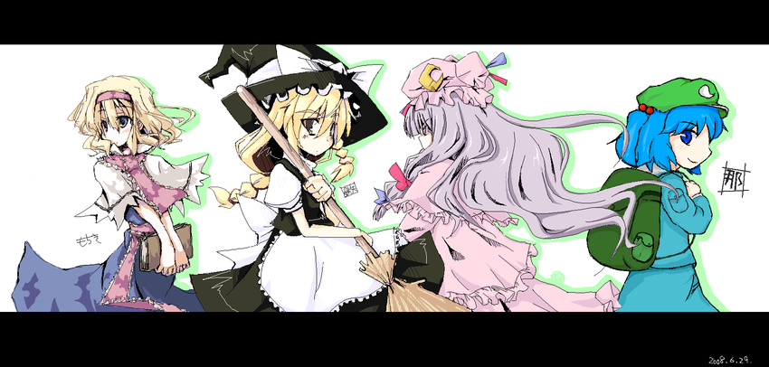 alice_margatroid bad_id bad_pixiv_id blonde_hair blue_hair broom collaboration dated hat highres kawashiro_nitori kirisame_marisa letterboxed mochiki multiple_girls patchouli_knowledge purple_hair signature subterranean_animism touhou two_side_up witch_hat yano