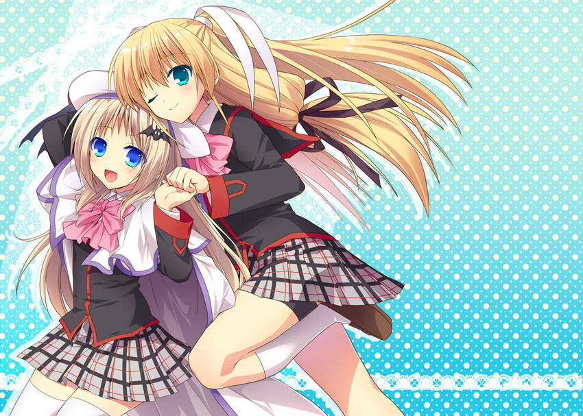 :d ;) bat_hair_ornament blonde_hair blue_eyes bow cape fang fuyuichi green_eyes hair_ornament hat holding_hands kneehighs little_busters! loafers long_hair multiple_girls noumi_kudryavka one_eye_closed open_mouth pink_bow plaid plaid_skirt school_uniform shoes skirt smile thighhighs tokido_saya white_legwear zettai_ryouiki