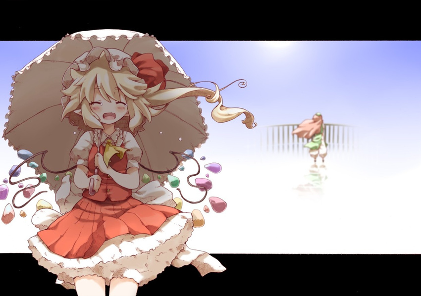 alternate_wings back beret blonde_hair closed_eyes fang fence flandre_scarlet hat hat_ribbon holding hong_meiling letterboxed long_hair multiple_girls open_mouth pointy_ears red_hair ribbon short_sleeves shunsuke side_ponytail smile tears touhou umbrella wings
