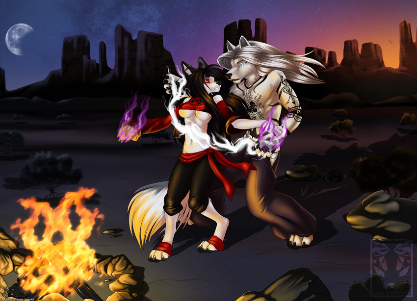 anthro big_breasts black_hair breasts canine claws clothing ear_piercing female fire fur glowing glowing_eyes hair kayin long_hair magic male mammal midriff moon mountain muscles night open_mouth outside piercing red_eyes rey satsukii scenery stars tattoo wolf